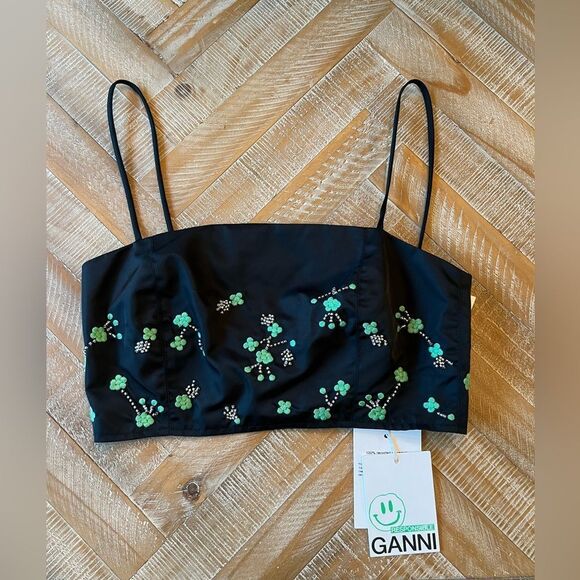 GANNI floral-embroidered crystal-embellished top Black Green size US 0 EU 32 - Picture 3 of 6